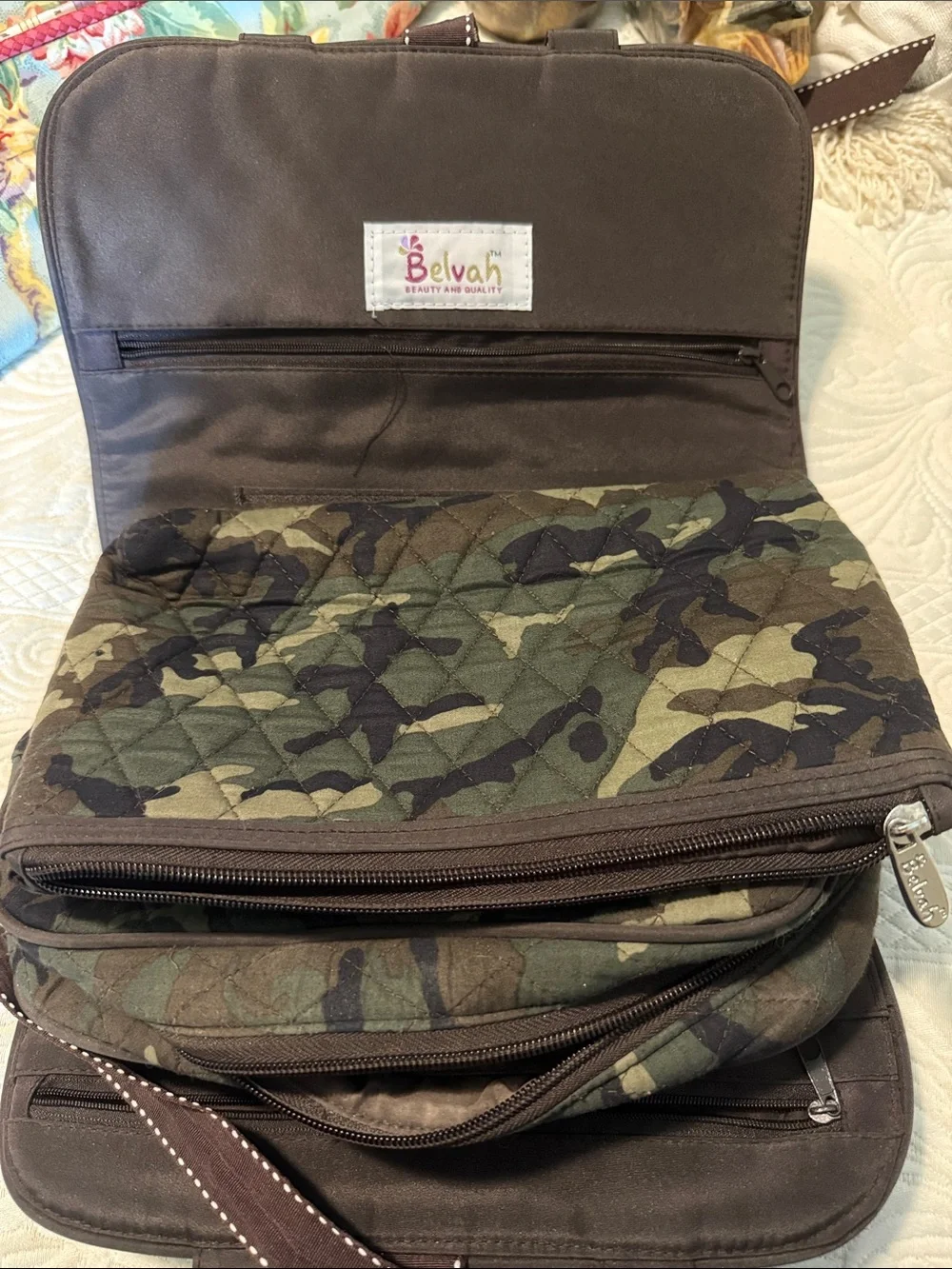 Quilted Camouflage Messenger Bag with Brown Trim